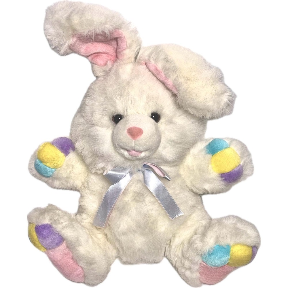 Vintage 1988 Chrisha‎ Playful Plush Easter Bunny Large White Pastel Rabbit 21"